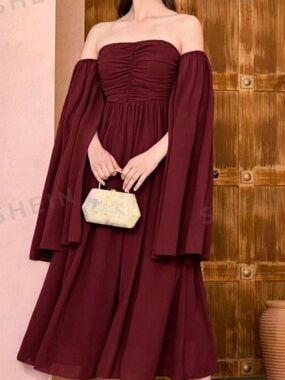 SHEIN Modely Off Shoulder Ruched Bust Dress Burgundy Large